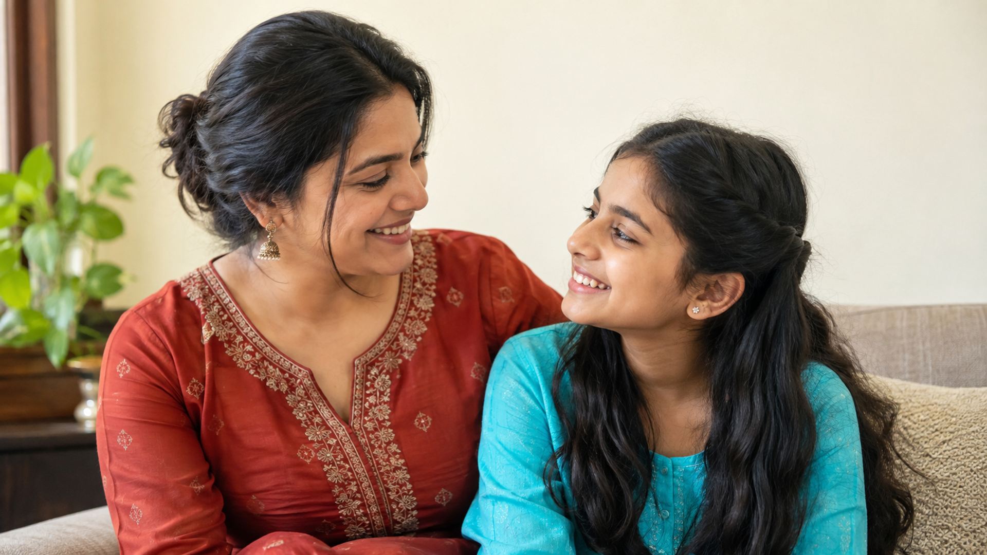 A woman and a girl smiling at each other during a mentoring conversation