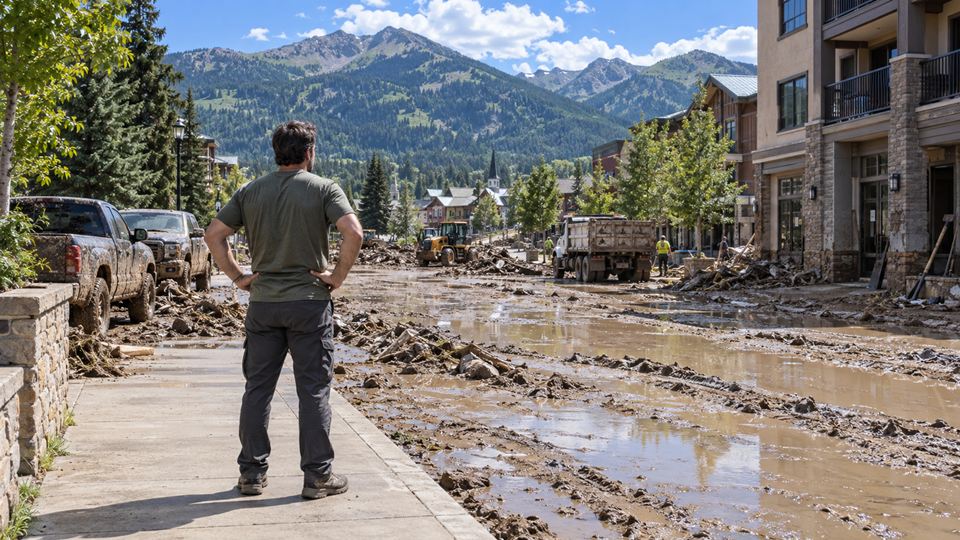 A man on a dry sidewalk looking across a mud-covered street after a flood