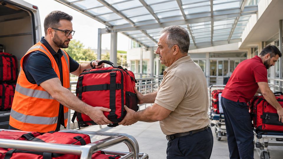 Aid workers handing over a medical supply backpack
