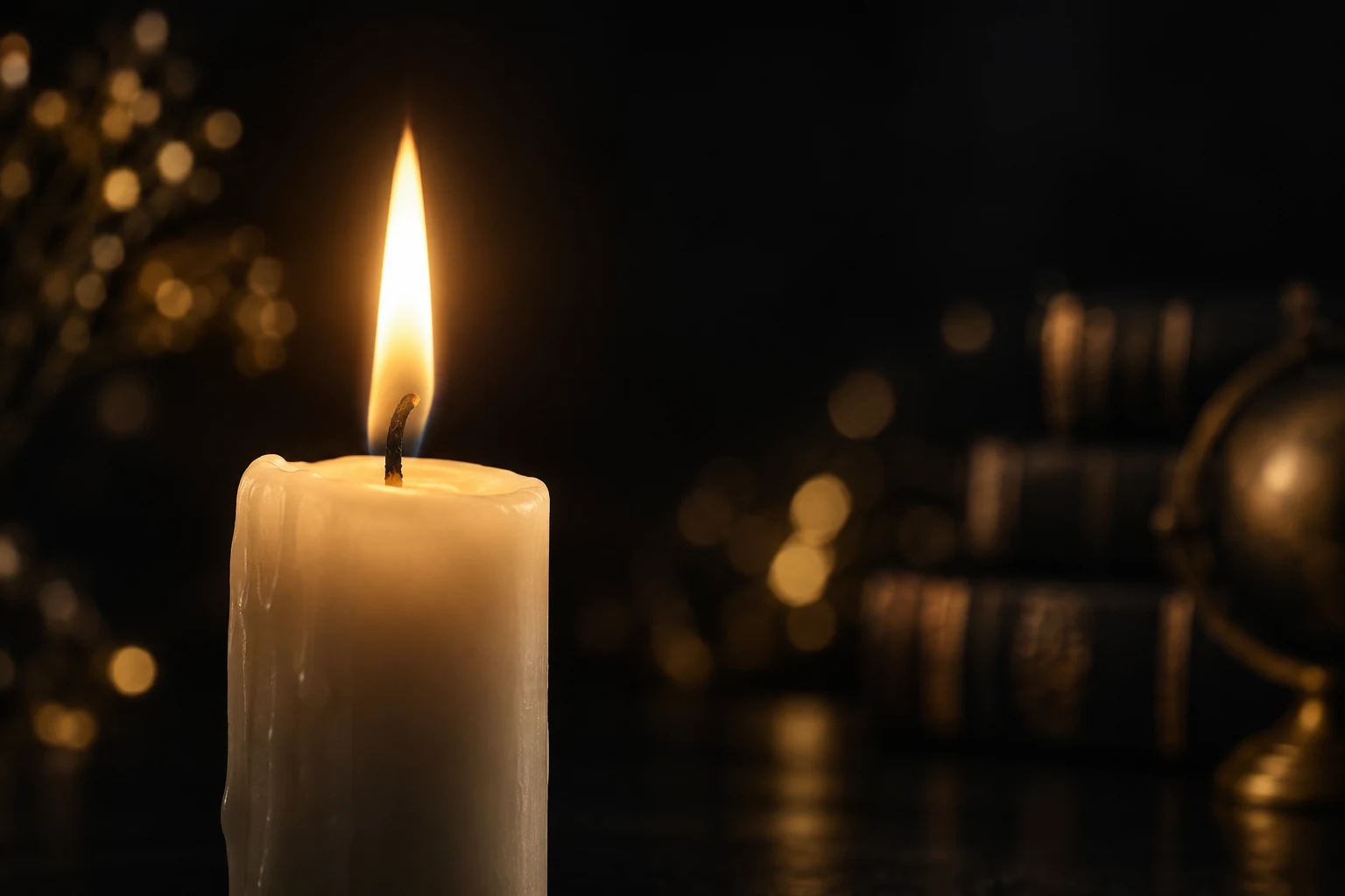 A candle glowing softly in the dark