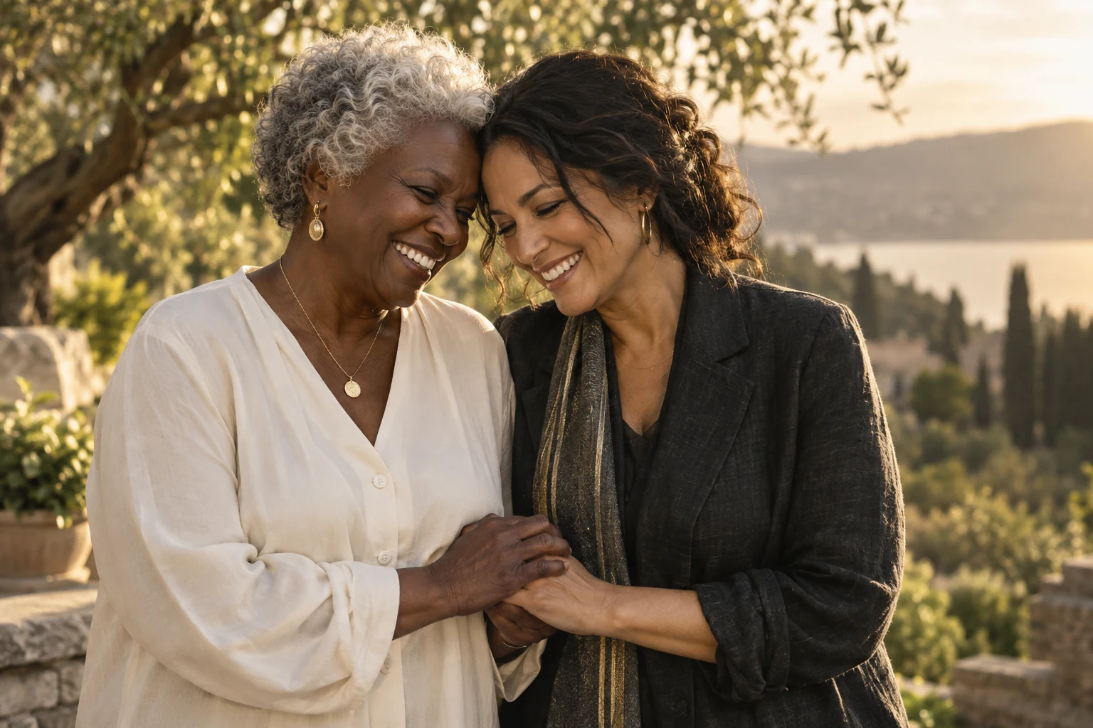 Two women warmly greeting each other outdoors