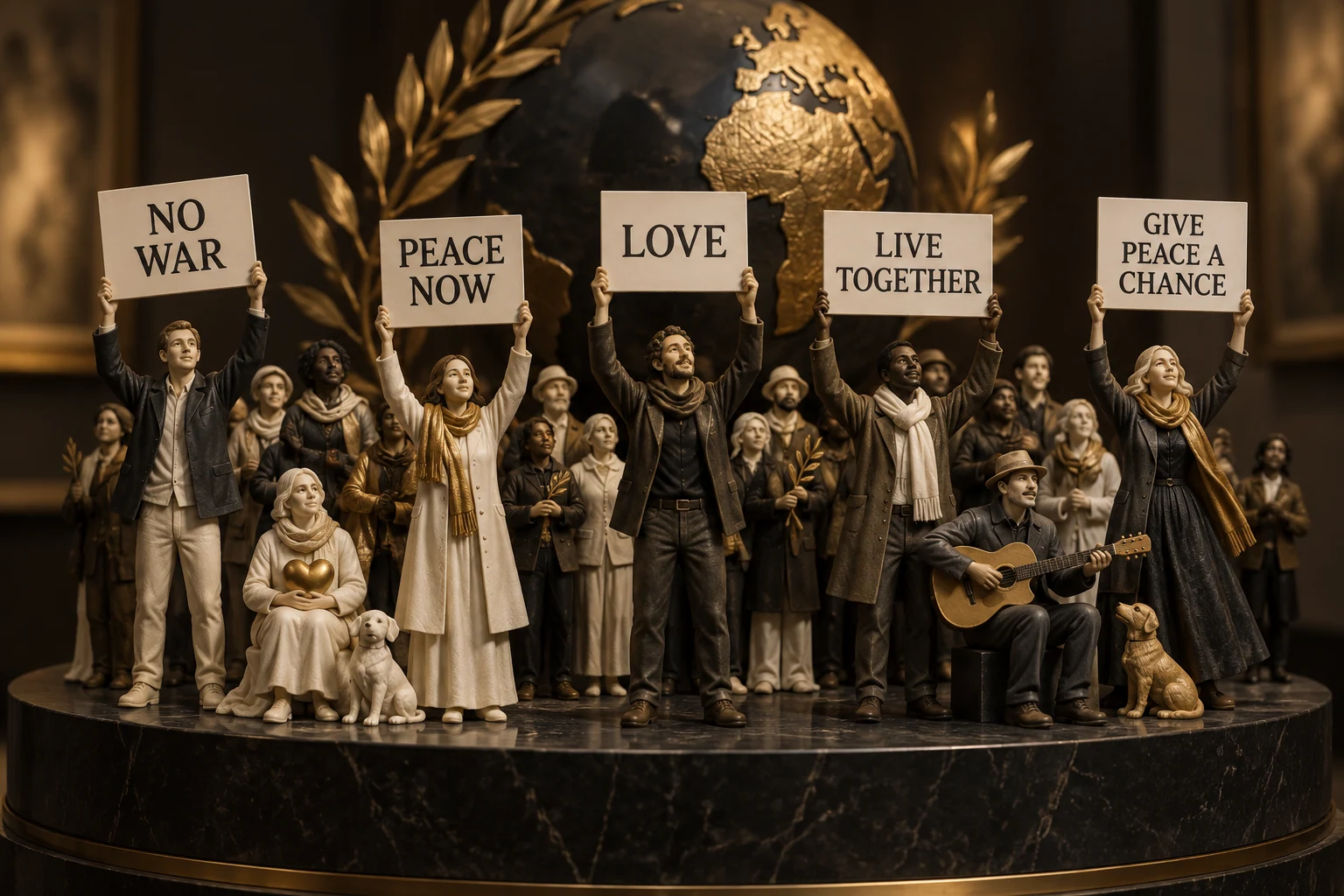 A miniature peace gathering with signs calling for togetherness