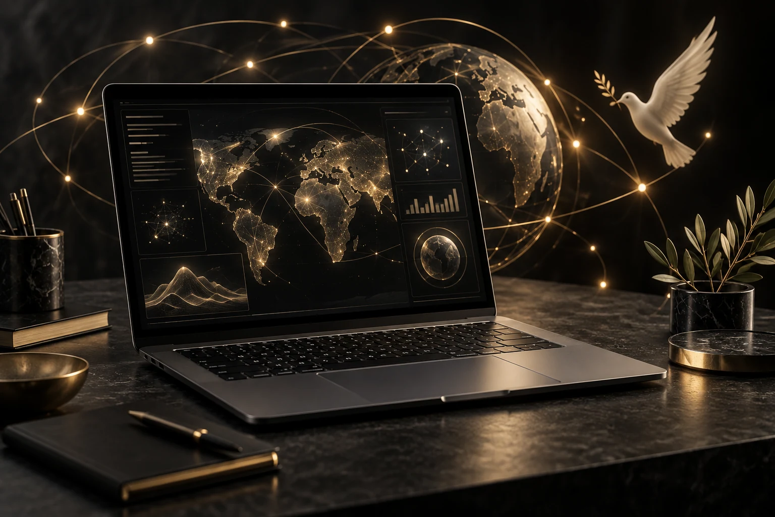 A laptop showing a glowing world map with a dove and olive branch nearby