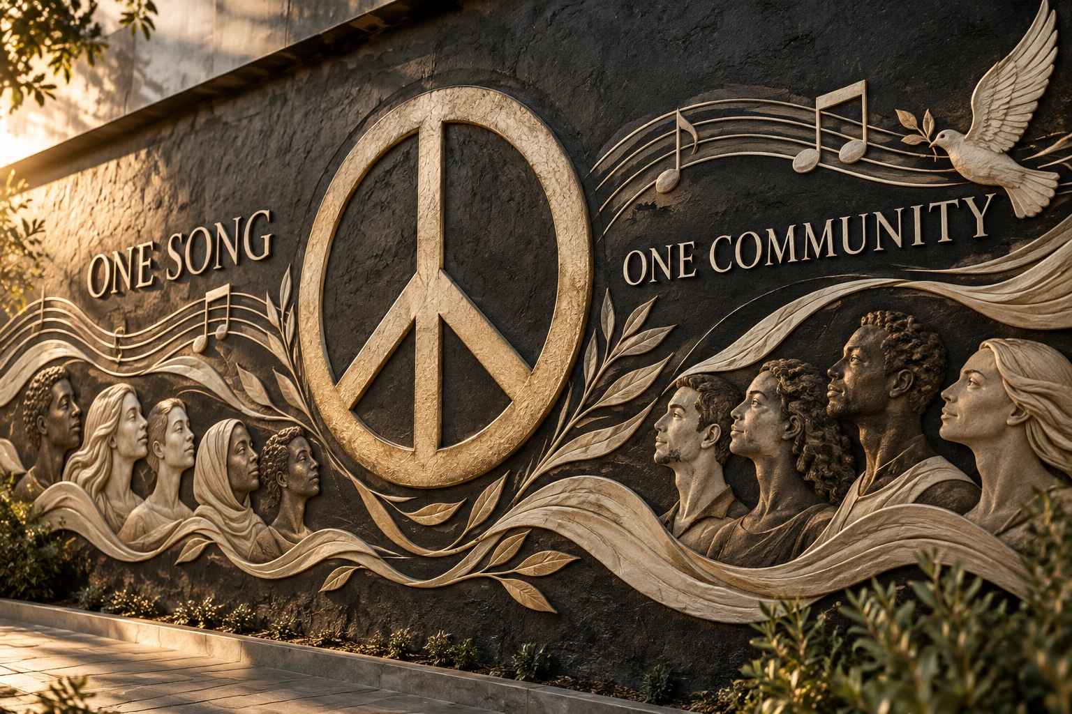 A gold and ivory peace mural reading One Song, One Community