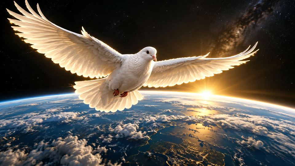 A white dove soaring above the Earth at sunrise