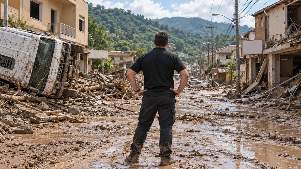A humanitarian aid worker assessing a flood-damaged street