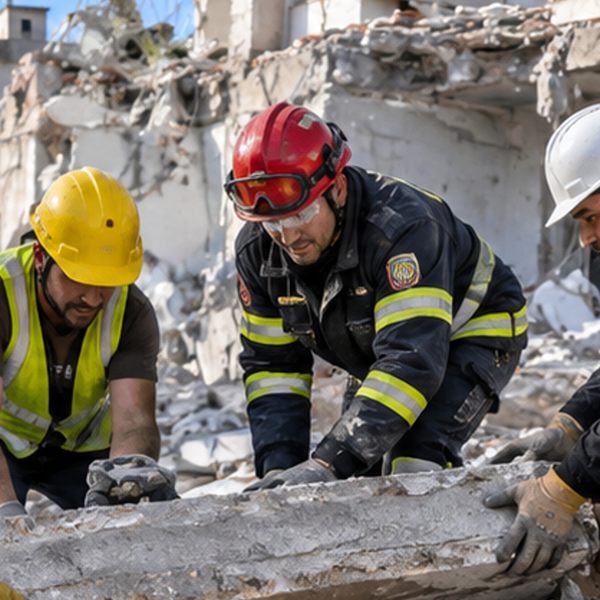Rescue volunteer in a red helmet helping after an earthquake