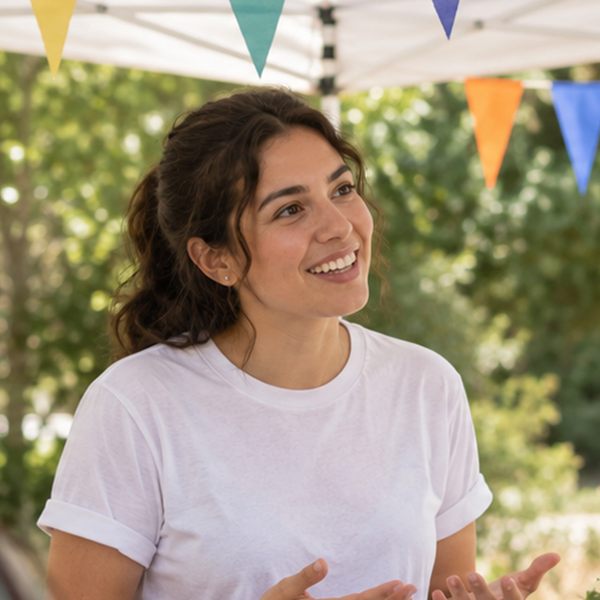 Volunteer talking with visitors at a community information stall