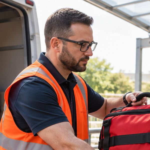 Aid worker in a safety vest carrying a medical supply backpack