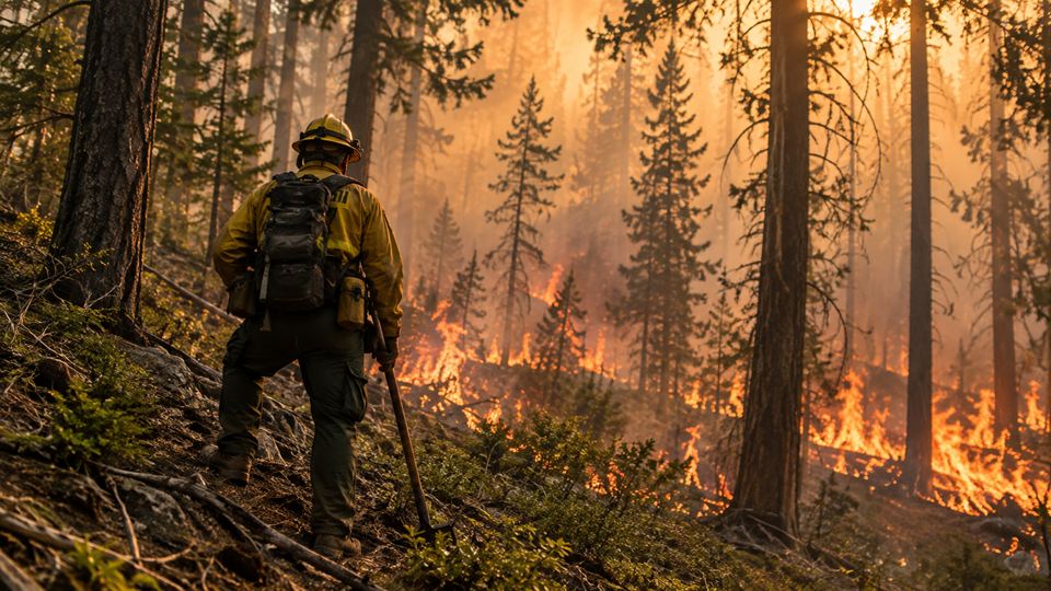 A wildland firefighter watching low flames move through a forest